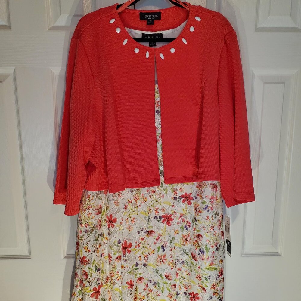 NEW Perceptions New York Coral Jacket & Sleeveless Floral Lace Lined Dress 3x